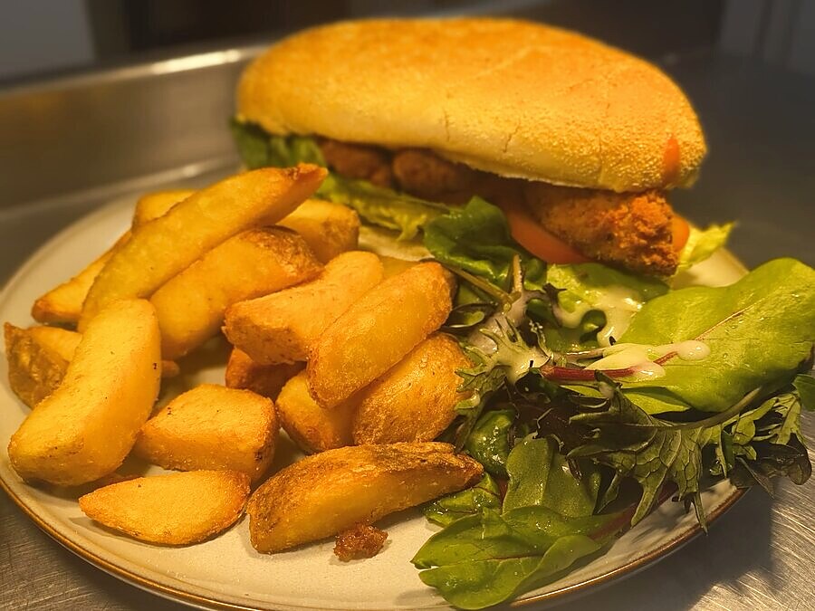 Chicken burger and chips at The Lockoford