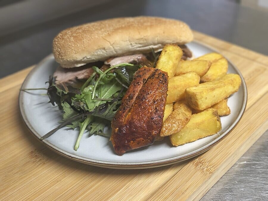 Hot pork sandwich and chips at The Lockoford