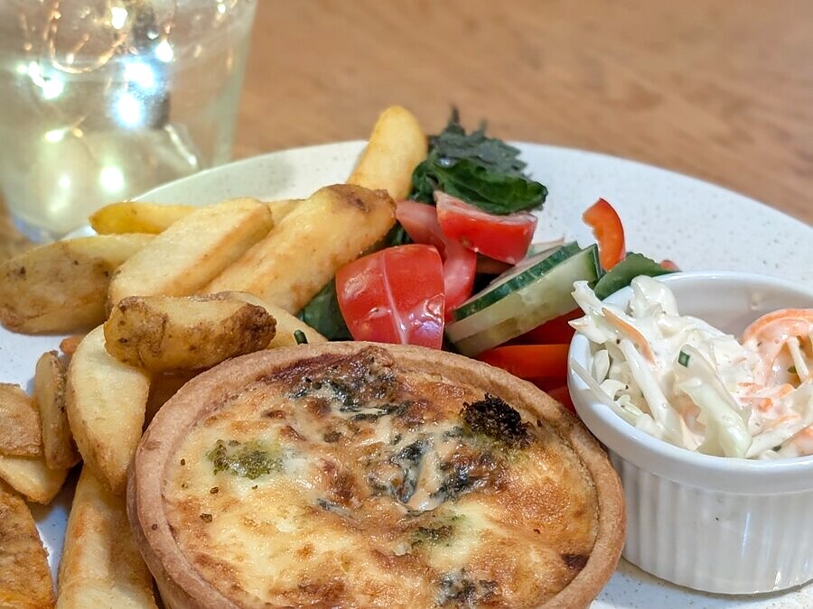 Quiche with chips and salad at The Lockoford